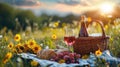 Picnic Essentials: Basket, Bread, and Wine on a Lush Meadow Royalty Free Stock Photo