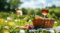 Picnic Essentials: Basket, Bread, and Wine on a Lush Meadow