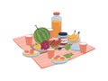 Picnic food on blanket, watermelon and sandwiches