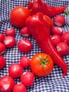 Picnic food for ecotourism: tomato, radish and pepper on a white Royalty Free Stock Photo