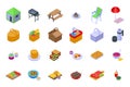 Picnic food icons set isometric vector. Plates basket