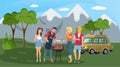 Picnic in forest or park. Happy friends cooking food outdoors. Young people having fun and relaxing Royalty Free Stock Photo