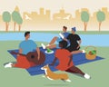 Friends picnic, rest in the park, flat vector stock illustration with multicultural couples having lunch in nature on weekend Royalty Free Stock Photo