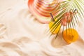 Picnic with fruit cocktails on tropical beach, vacation background - fresh cold drinks with straw in glass bottles, sun hat. Royalty Free Stock Photo