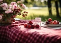 a picnic with fruits and flowers on red cloth table, AI Generated Royalty Free Stock Photo