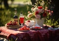 a picnic with fruits and flowers on red cloth table, AI Generated Royalty Free Stock Photo