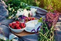 Picnic in grass, cheese, strawberries, wildflowers on wooden board
