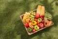 Picnic on the grass. Red checked tablecloth, basket, healthy food and fruit, orange juice. Top view. Summer Time Rest. Flat lay Royalty Free Stock Photo