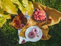 Picnic on the grass. Two donuts with glaze, next to a plate of sliced watermelon and two mugs of tea on a wooden plate. The sun fa