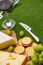 Picnic Green Grass Cheese Red Wine Grapes The concept of a picnic, summer and rest
