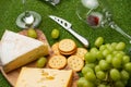 Picnic Green Grass Cheese Red Wine Grapes The concept of a picnic, summer and rest