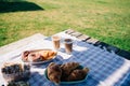 A picnic at the green lawn in the park. Closeup picture of breakfast with coffee, croissants and donuts on green grass