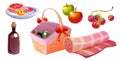 Picnic hamper basket with food, fruit and wine