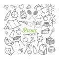 Picnic Hand Drawn Doodle. Outdoor Activities. Food, Nature, Camping Outlined Elements
