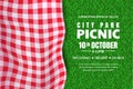 Picnic horizontal background. Vector poster or banner template with realistic red gingham plaid on green grass lawn Royalty Free Stock Photo