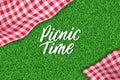 Picnic horizontal background. Vector poster or banner template with realistic red gingham plaid on green grass lawn