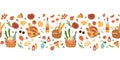 Picnic horizontal banner. Summer food seamless banner. Hand drawn picnic baskets food, repeated picnic border, summer