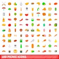 100 picnic icons set, cartoon style