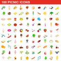 100 picnic icons set, isometric 3d style Royalty Free Stock Photo