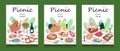 Picnic invitation cards, cartoon compositions with blankets and wicker baskets, set of postcard templates with copy Royalty Free Stock Photo