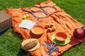 Picnic items on a green, well-groomed lawn