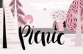 Picnic lettering on pink forest landscape