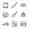 picnic line icons. linear set. quality vector line set such as burger, camera, car, flowers, guitar, lemonade, camping table, Royalty Free Stock Photo