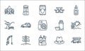 picnic line icons. linear set. quality vector line set such as cabin, ketchup, fisher reel, hat, sunbathing, hot drink, camping