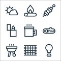 Picnic line icons. linear set. quality vector line set such as chicken leg, blanket, grill, wood, cup, lighter, skewer, fire