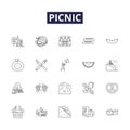 Picnic line vector icons and signs. Fun, Enjoyment, Gathering, Food, Games, BBQ, Park, Nature outline vector