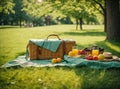 Picnic mat on a green lawn in a recreation park on a summer sunny day