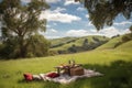 picnic in meadow, with view of the rolling hills and sunshine