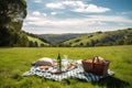 picnic in meadow, with view of the rolling hills and sunshine