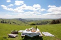 picnic in meadow, with view of the rolling hills and sunshine