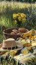 picnic in the meadow with yellow plaid and a hat Royalty Free Stock Photo
