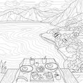 Picnic in the mountains.Coloring book antistress for children and adults. Illustration isolated on white background.