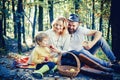 Picnic in nature. Country style family. Meaning of happy family. United with nature. Family day concept. Happy family