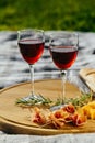 picnic in nature a light meal under wine, on a wooden background two glasses of red wine Royalty Free Stock Photo