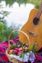 Picnic in nature. Picnic near river. Guitar and red apples in wicker basket on plaid blanket