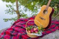 Picnic in nature. Picnic near river. Guitar and red apples in wicker basket on plaid blanket