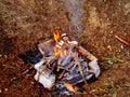 Picnic on the nature pieces of bacon fried on fire land