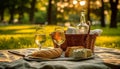Picnic in nature wine, bread, fruit, relaxation, fresh meal generated by AI Royalty Free Stock Photo