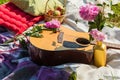 Picnic in the outdoor with guitar, apples, pillows and peonies