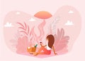 Picnic outdoor in nature, pink landscape, romantic weekend girl with basket and wine cartoon vector illustration.