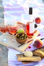 Picnic outdoor with rose wine fruits meat and cheese Royalty Free Stock Photo