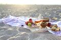 Picnic outdoor with rose wine fruits meat and cheese Royalty Free Stock Photo