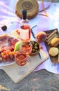 Picnic outdoor with rose wine fruits meat and cheese Royalty Free Stock Photo