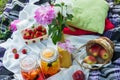 Picnic in the outdoor with strawberry, apples and cold beverages Royalty Free Stock Photo