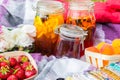 Picnic in the outdoor with strawberry, apricots and cold beverag Royalty Free Stock Photo