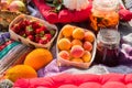 Picnic in the outdoor with strawberry, apricots, oranges, apples Royalty Free Stock Photo